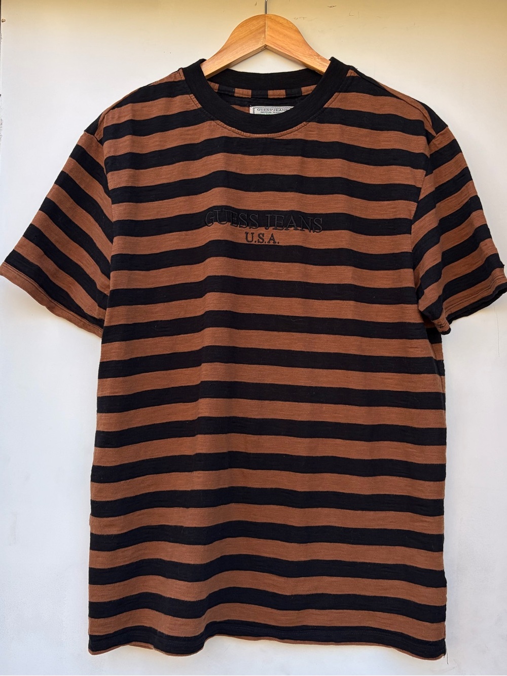 Vintage Guess Striped Crewneck T-Shirt in Brown and Black